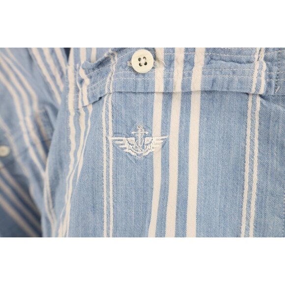 Vtg 90s Streetwear Mens Medium Chambray Striped Baggy Short Sleeve Button Shirt - Picture 4 of 12